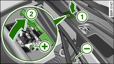 Engine compartment: Terminals for jump leads and battery charger